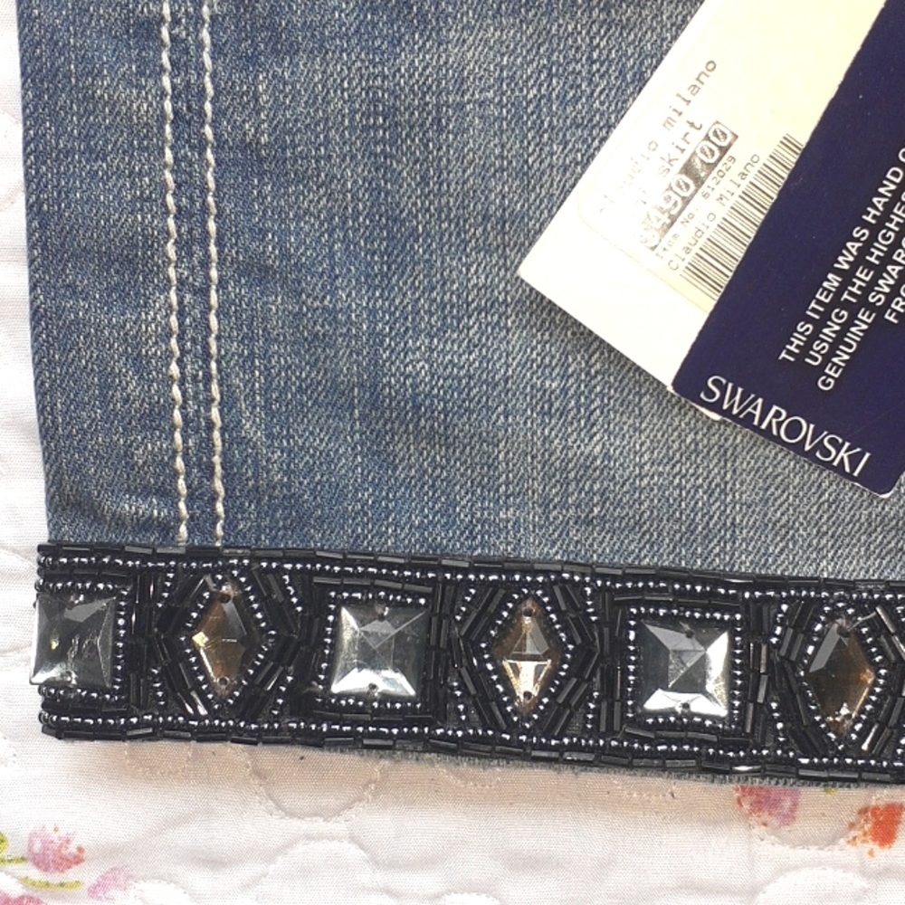 Swarovski Claudio Milano Crystal Denim Miniskirt Jean Miniskirt Size S - Picture 6 of 10